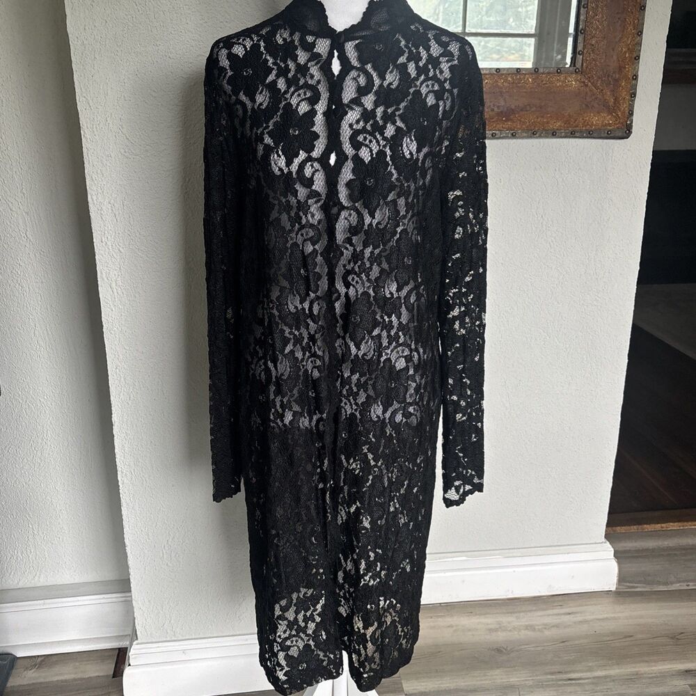 Vintage 90s Whimsigoth Y2K Sheer Black Floral Lace Duster Jacket Cardigan  Med